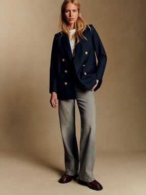 Sezane Navy Michelle Double-Breasted Blazer with Gold Buttons